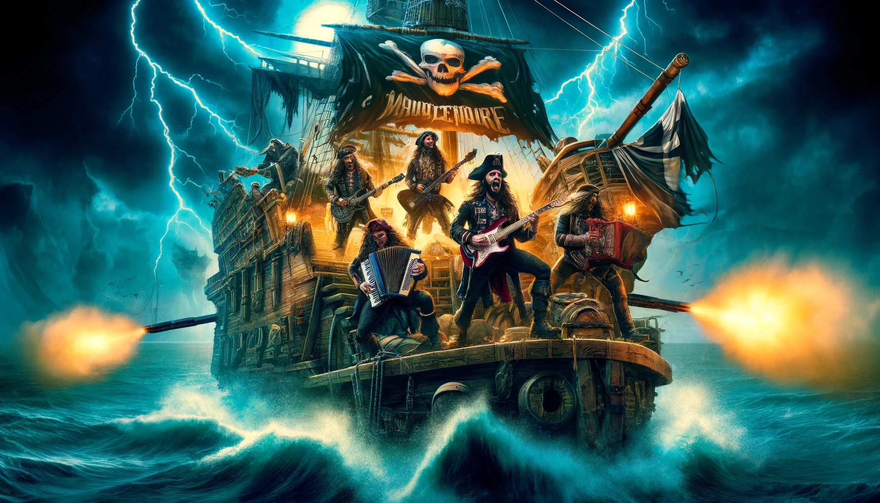 Alestorm performing on a pirate ship amidst a fierce storm with cannons firing, surrounded by crashing waves and lightning, capturing the chaotic and energetic spirit of pirate metal.