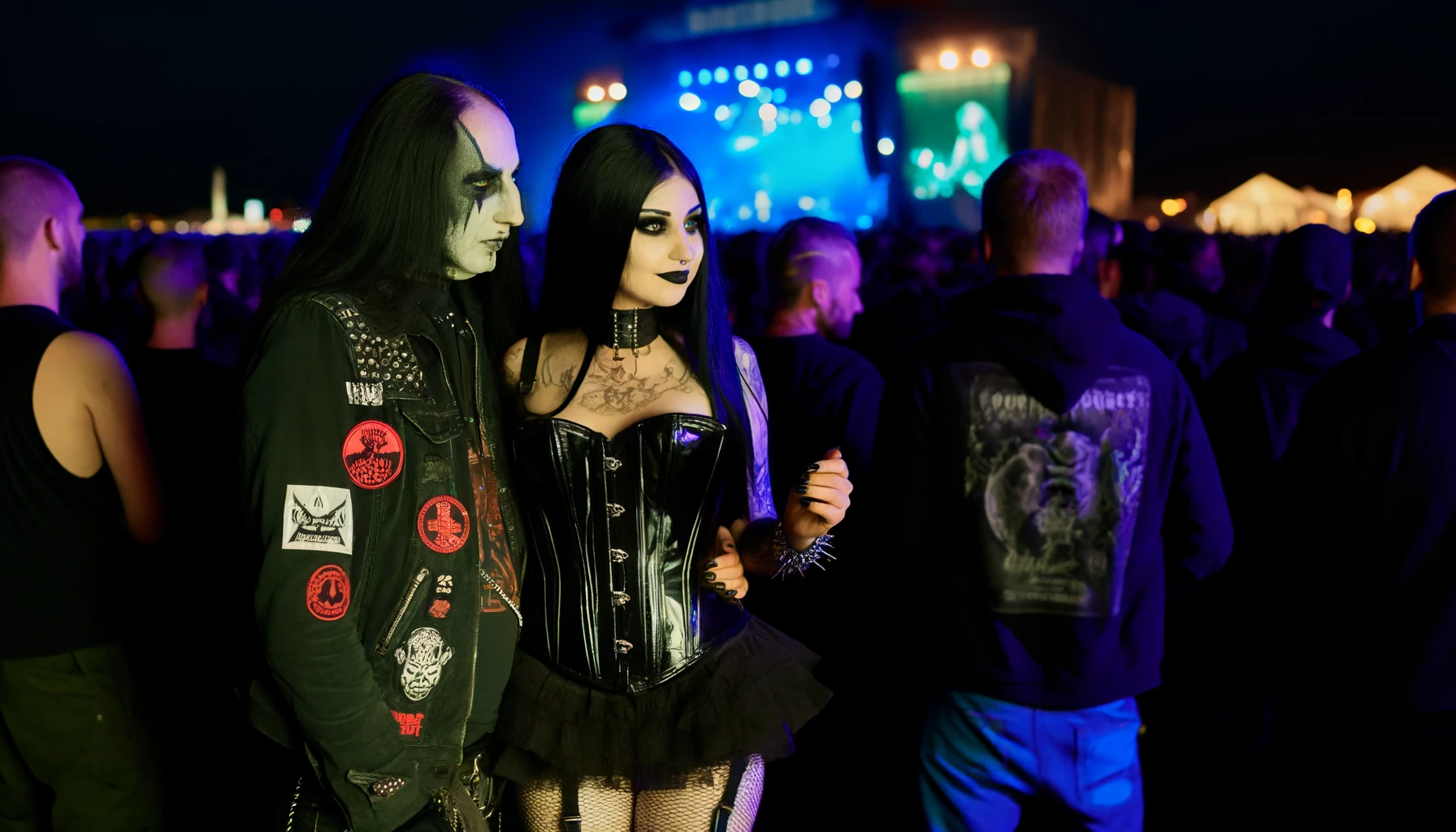 Night scene of a gothic couple at Bloodstock 2016 Festival, with concert stage lights in the background.