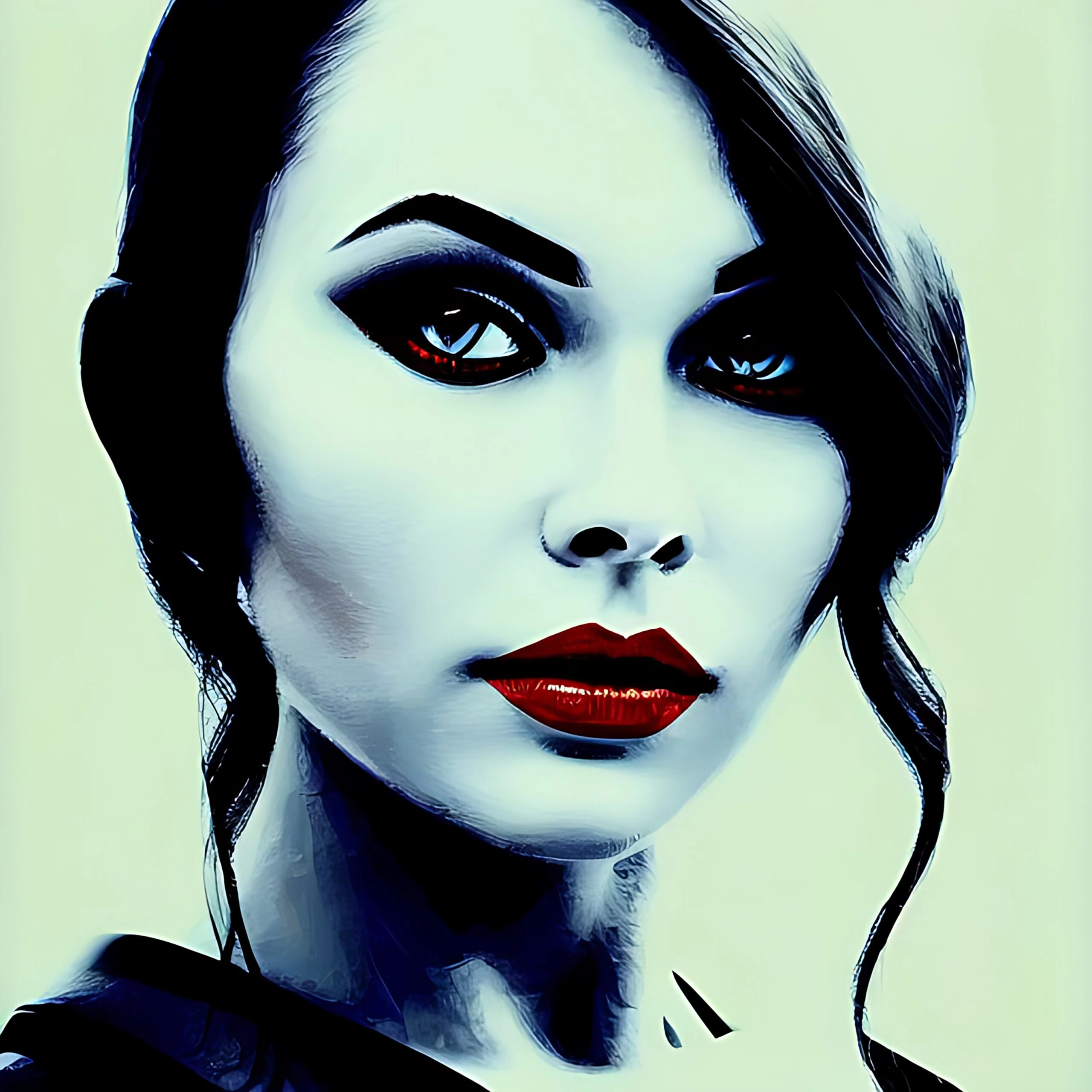 Artistic portrait of a woman with striking red eyes and lips, exuding a bold and confident look on a light background.