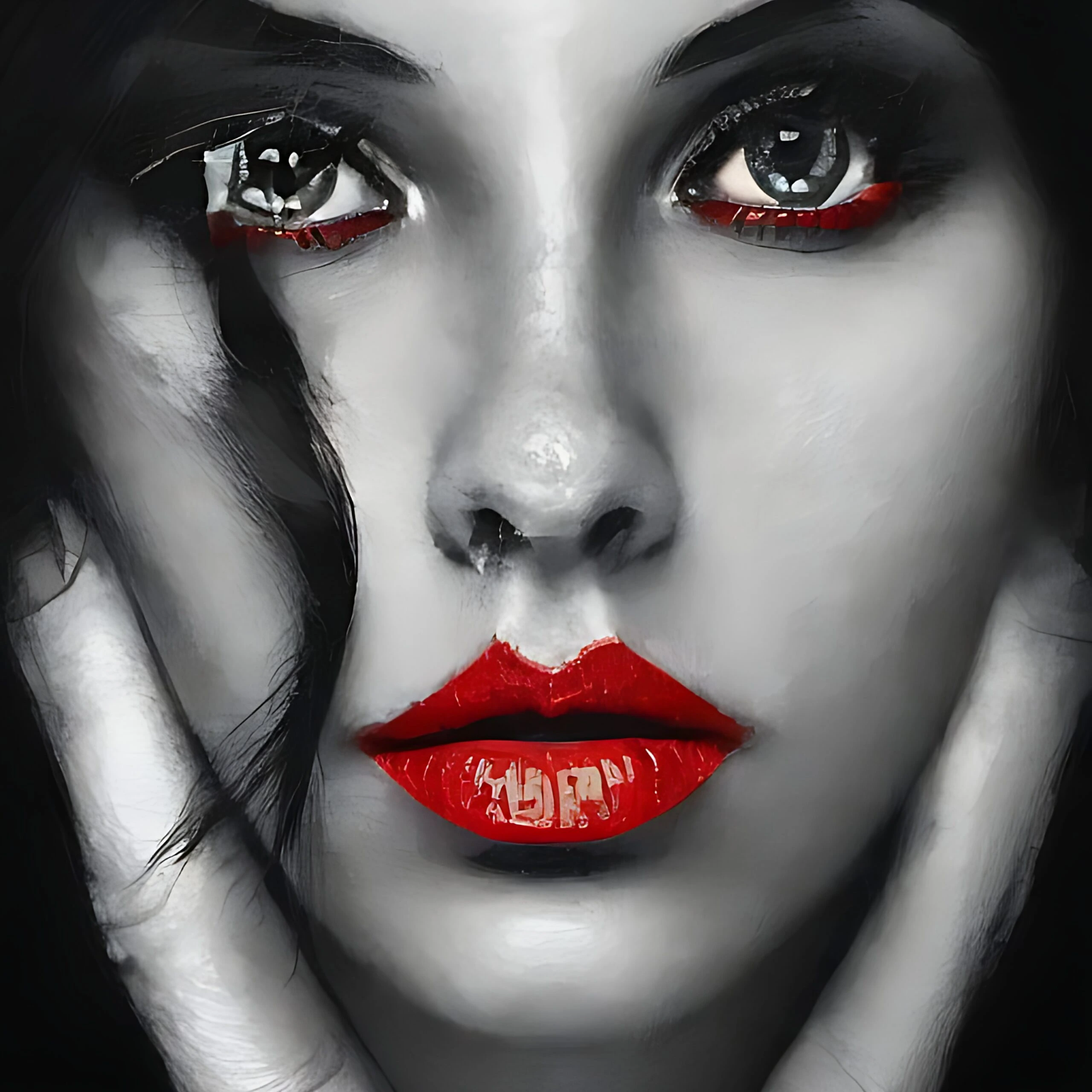 Intensely emotional portrait of a woman with vivid red lips and tears in her eyes, expressing a profound sadness.