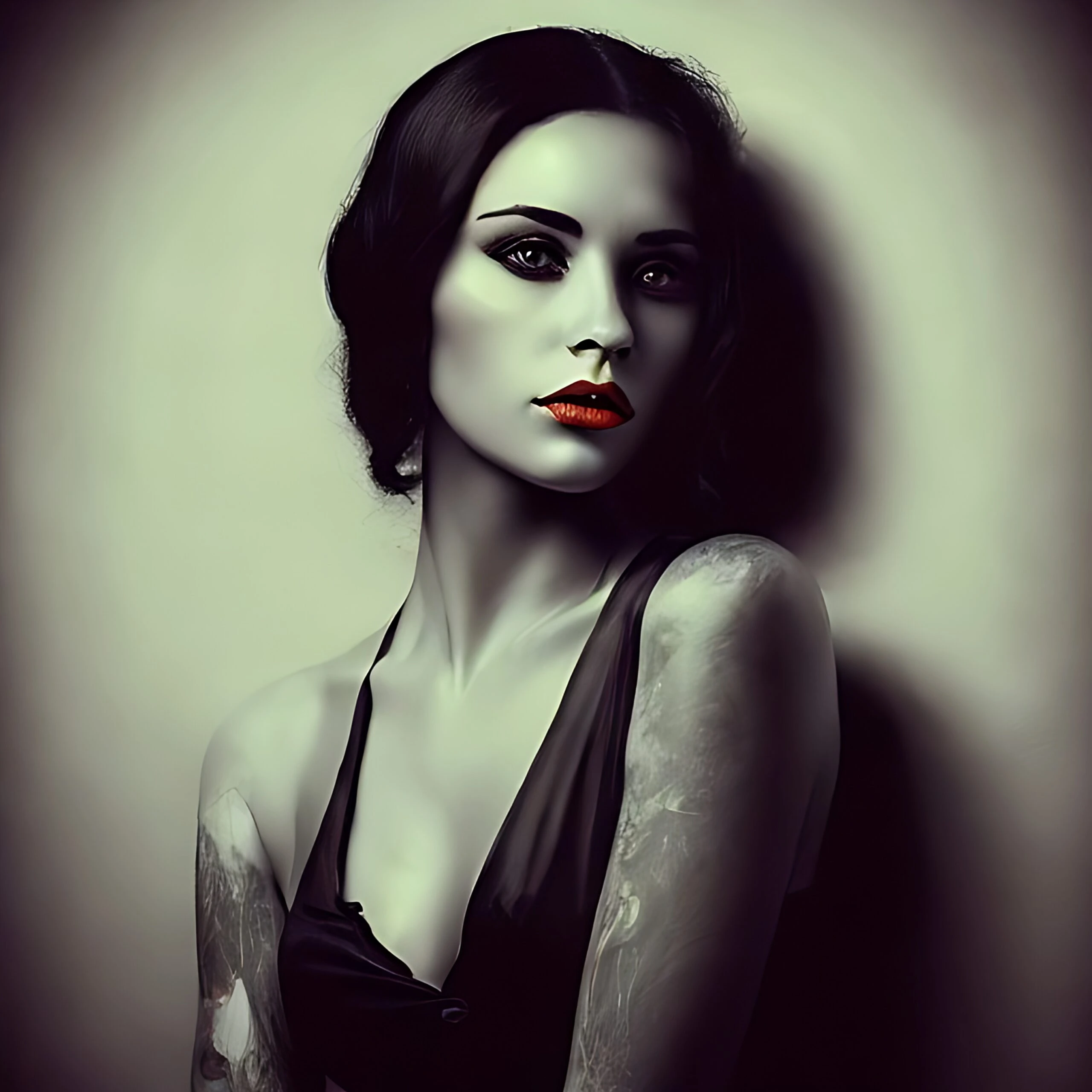 A woman in a black dress with a haunting gaze and subtle red lips, conveying a dark and gothic elegance.