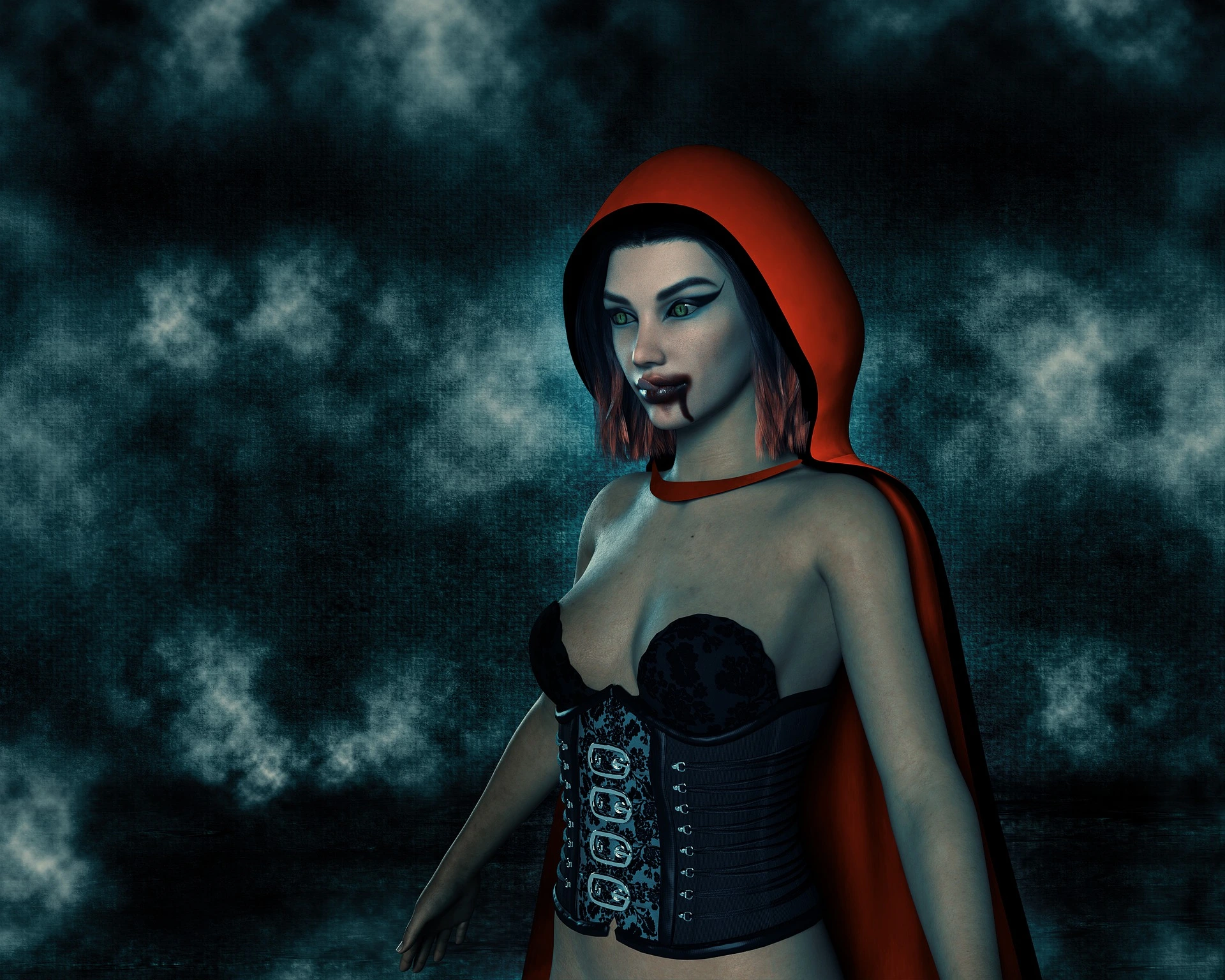 Woman in a seductive Hot Vampire Halloween Costume with a red hooded cape and black corset.