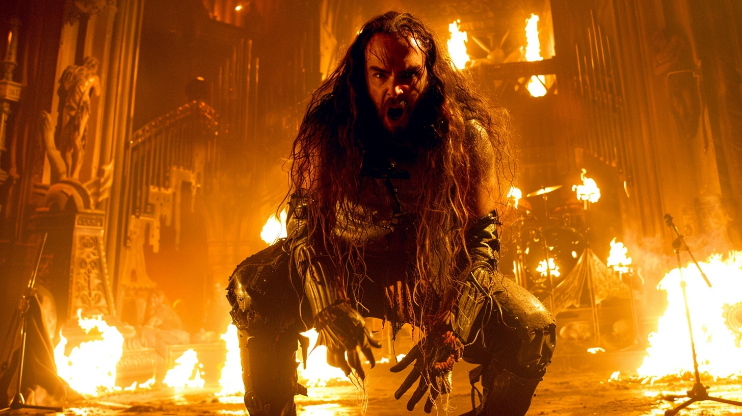 Dramatic scene of a metal band performing in front of blazing fires, capturing the fierce spirit of Underground Metal Albums.