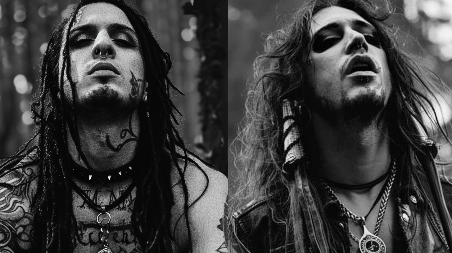 Intense close-up of metal musicians with a natural backdrop, highlighting environmentalism in the heart of metal music.