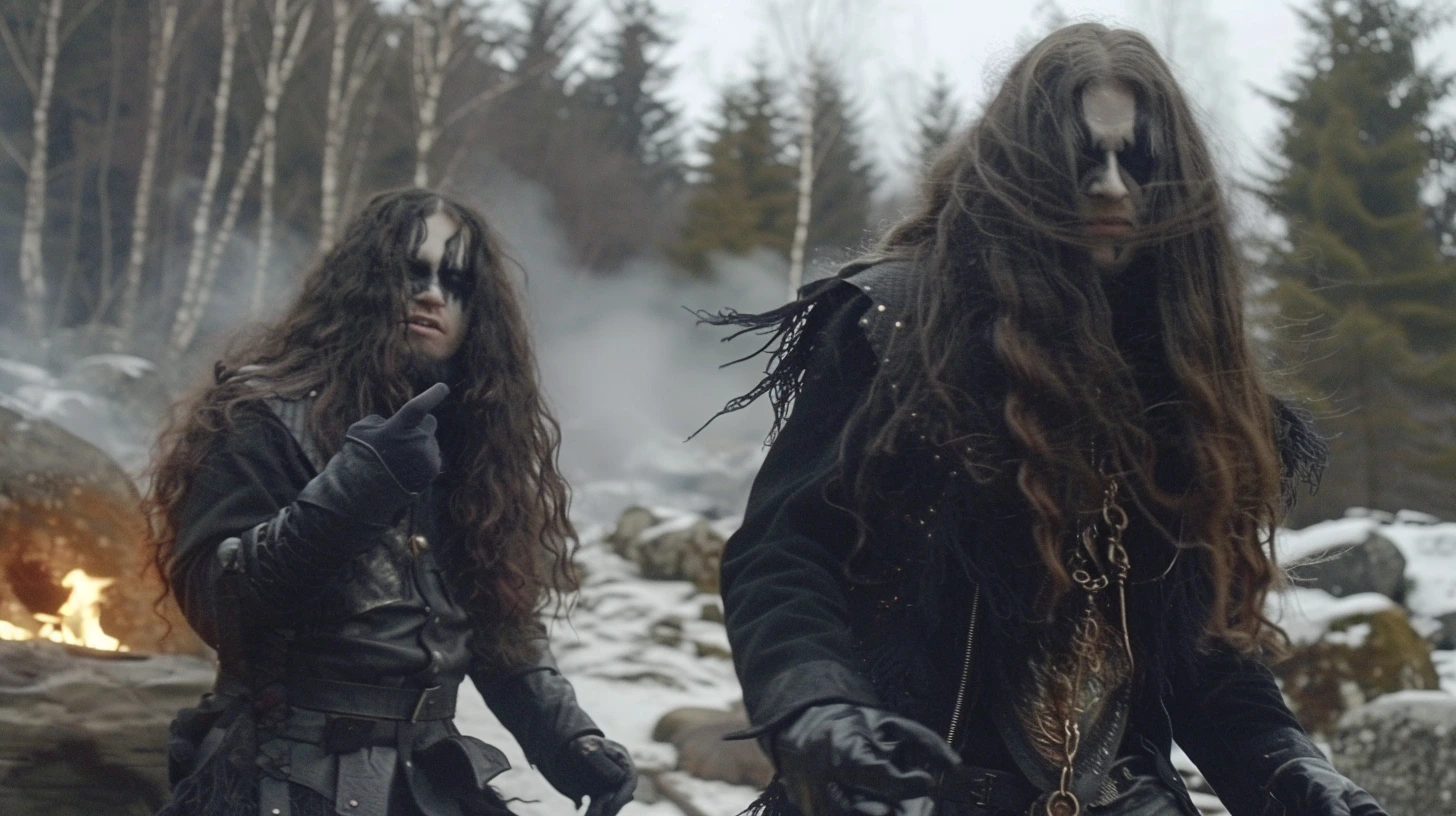 Gothic metal figures in a snowy forest scene, representing environmentalism in the heart of metal music.