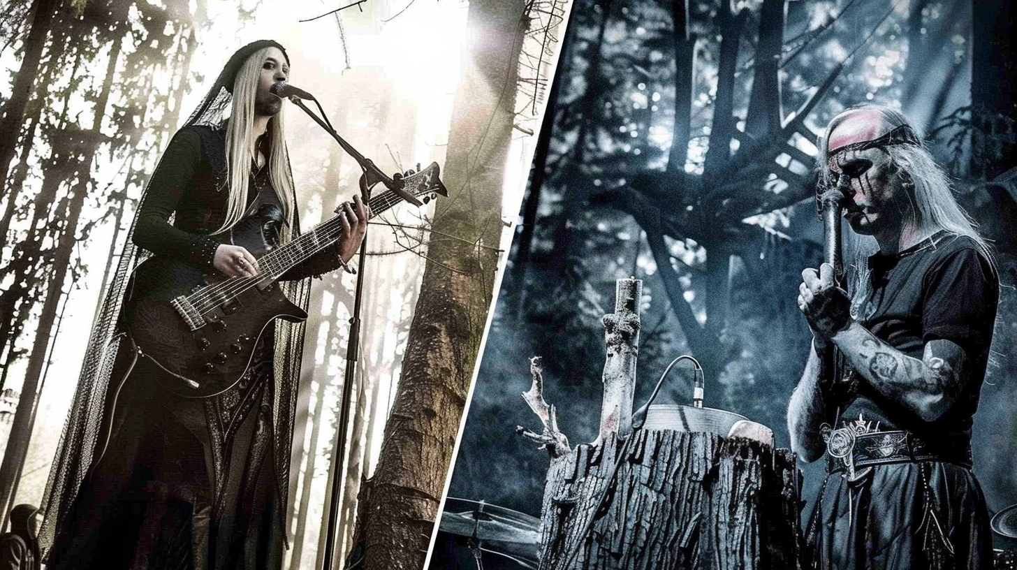 Metal band performs in a forest, embodying the theme of environmentalism in the heart of metal music.