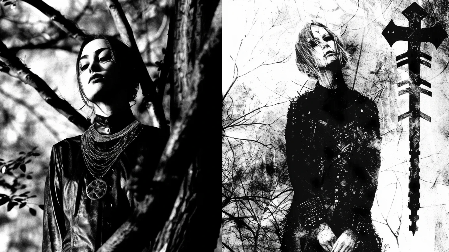 Gothic woman in a dark, textured forest setting, exemplifying environmentalism in the heart of metal music.