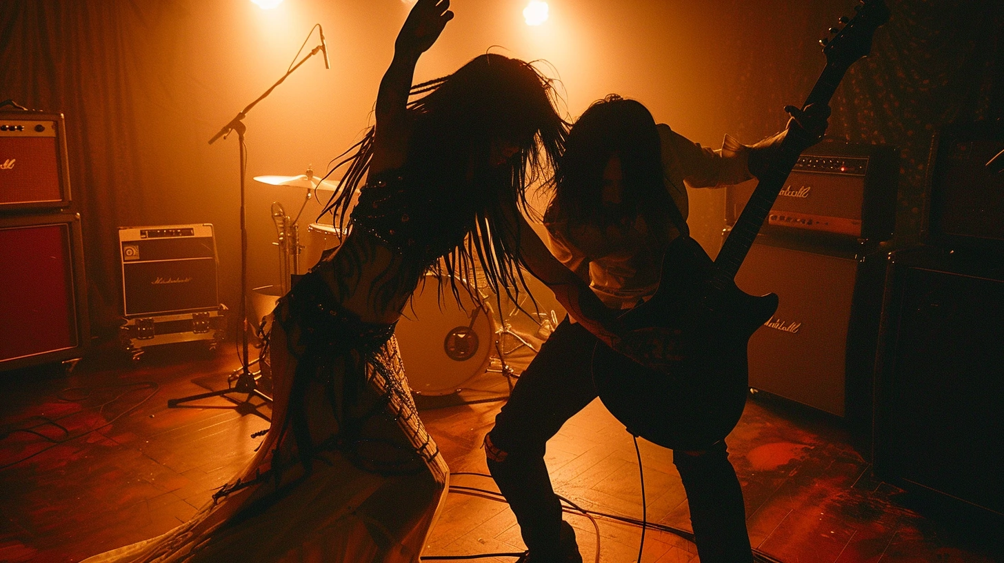 Two musicians with long black hair, performing energetically on stage in a dark, smoky environment.