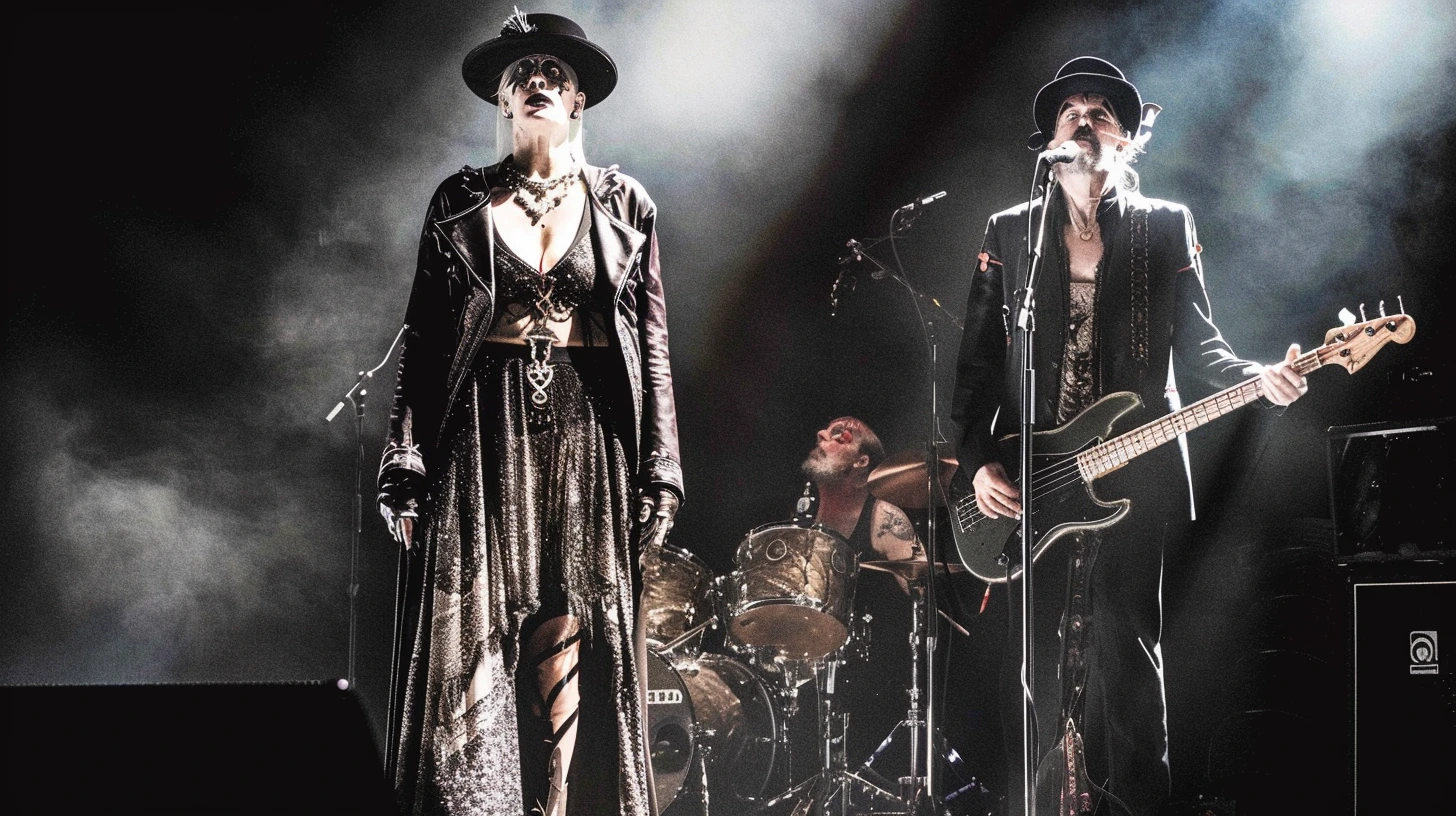 A gothic woman and a black metalhead man performing on stage with dark, atmospheric lighting and a smoky ambiance.