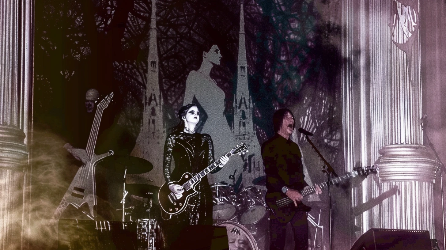 A gothic band performing on stage with dramatic lighting and a backdrop of gothic imagery.