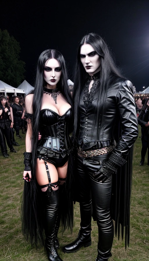 An ominous gothic couple at Leyendas del rock 2012, the woman in a black corset and the man in leather, both with dark makeup and an imposing presence.