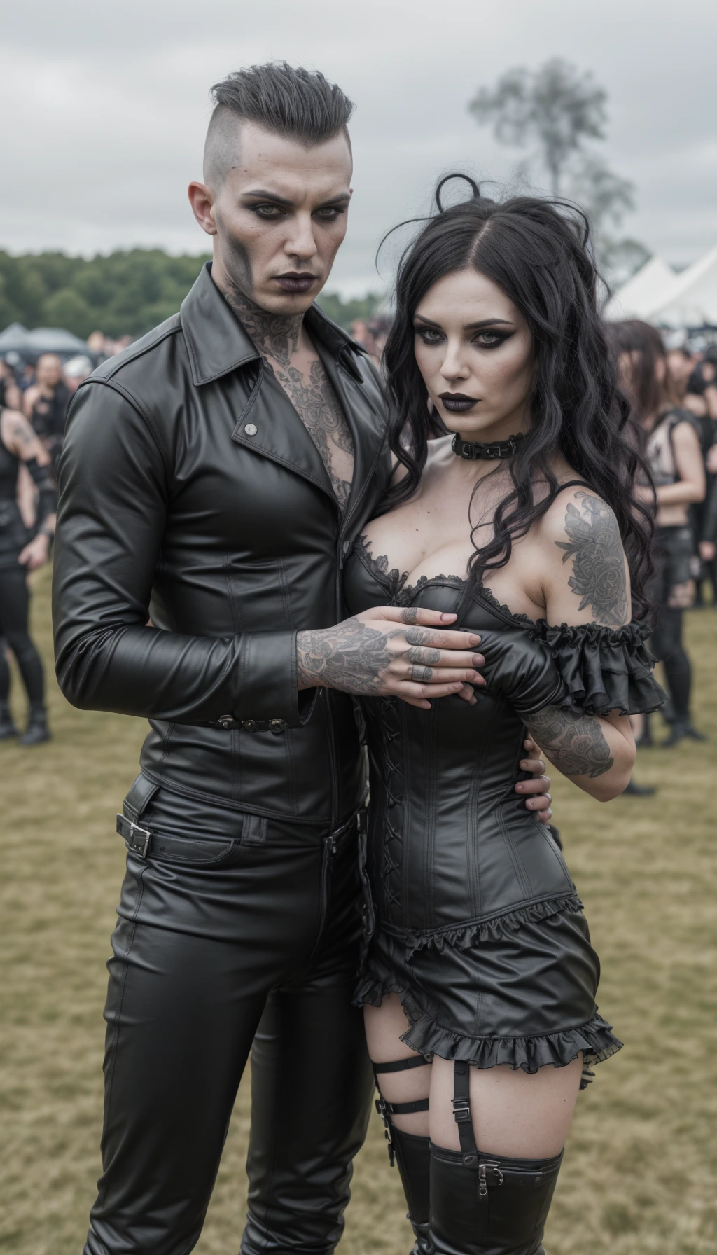 A stylish gothic pair at Leyendas del rock, with the man sporting a mohawk and full sleeve tattoos and the woman in a black lace corset and ruffled skirt.