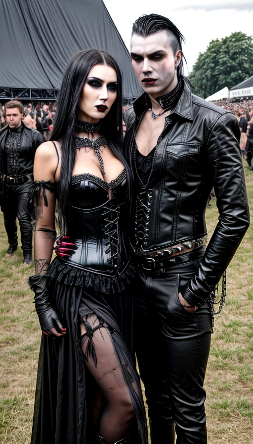 Hellfest 2022: A pair of goths dressed for a festival, the woman in a black corset dress with sheer panels and the man in a leather jacket with slicked-back hair.