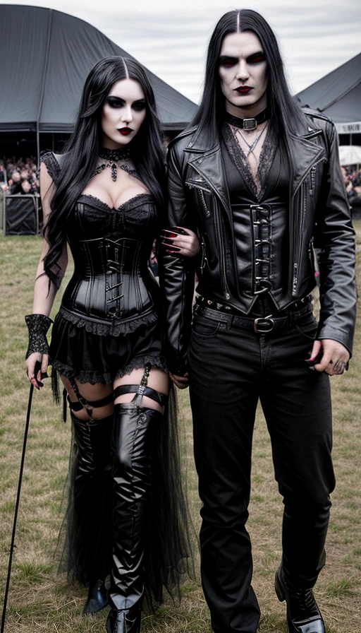 Goth couple at Resurrection Fest in full dark attire, blending with the festival's nocturnal vibe.