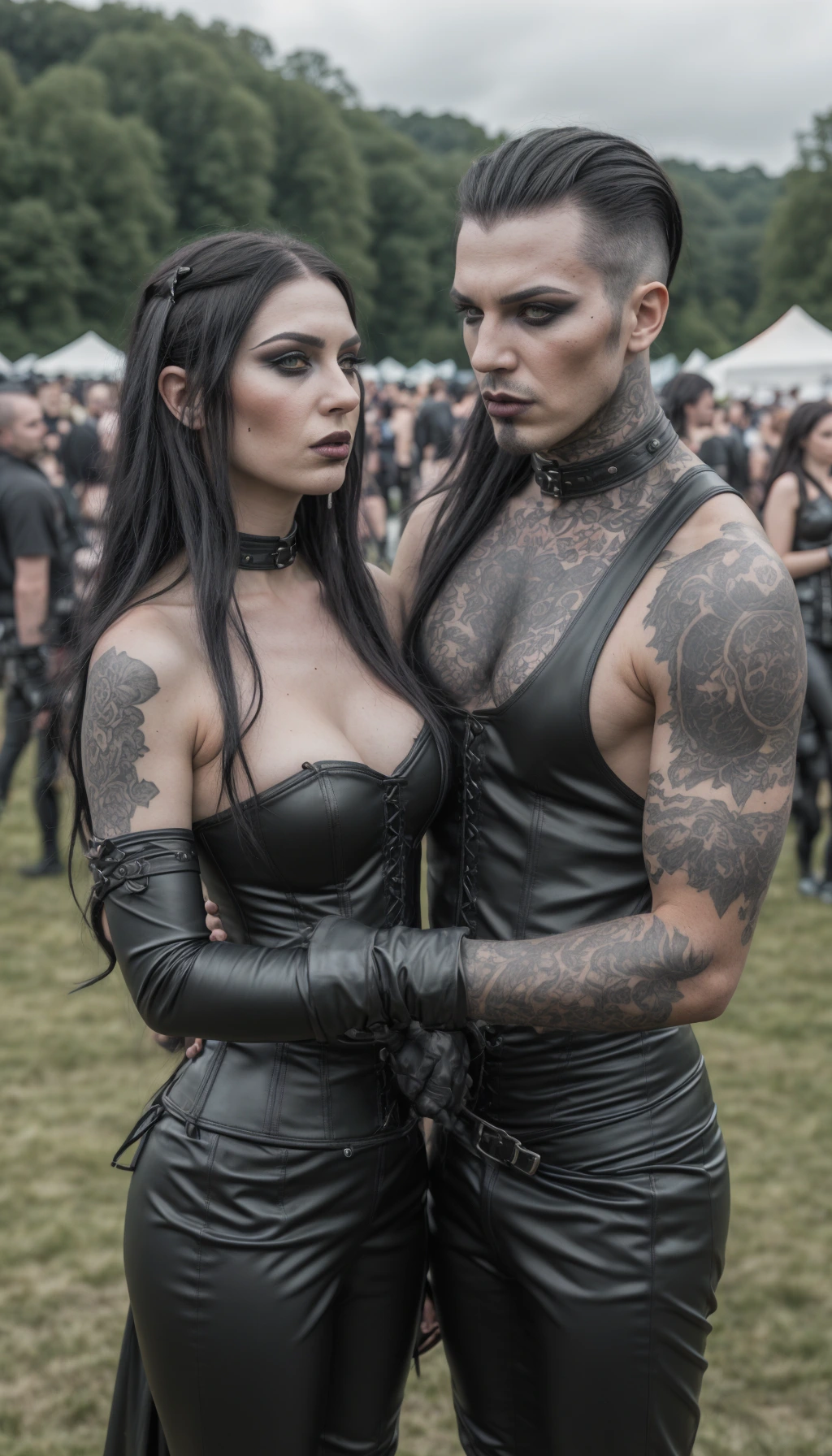 Hellfest 2023: A gothic duo posing seriously, the man in sleeveless black attire with full arm tattoos, and the woman in a tight lace-up corset and full-sleeve gloves.
