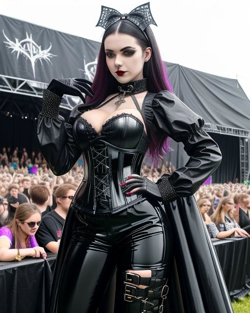 Woman in gothic black ensemble with purple hair accents at Arvika Festivalen 1999, in front of festival stage.
