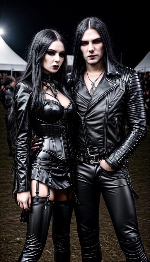 Couple in matching black gothic leather attire at Arvika Festivalen, with striking poses and detailed outfits.