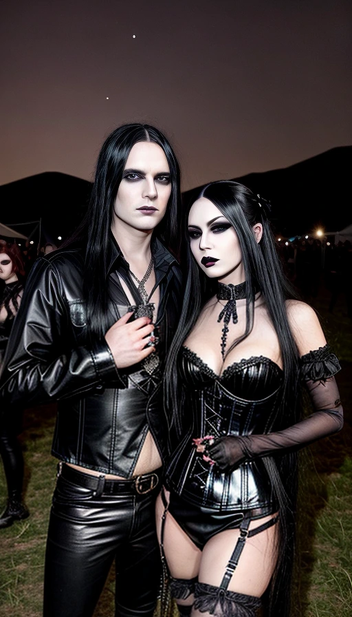 Resurrection Fest 2008 attendees in the evening, featuring a goth couple dressed in black leather attire.