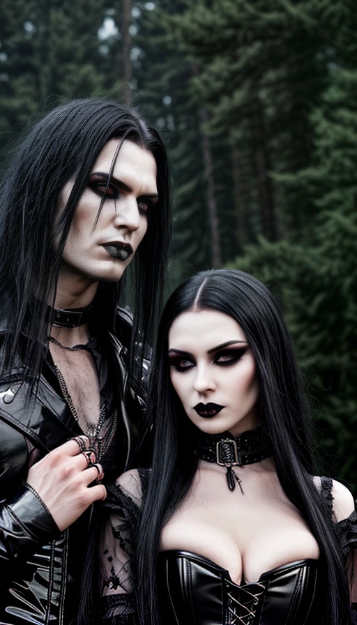 Bloodstock 2011 dark romanticism captured with a gothic couple in a forest setting, adorned in intricate jewelry and black leather attire.
