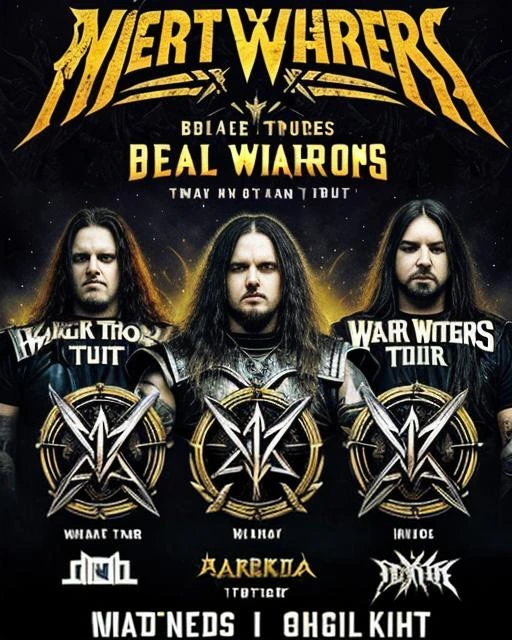 Promotional tour poster for a heavy metal band featuring three male members in striking warrior attire, emphasizing the theme 'Warriors of the World.'