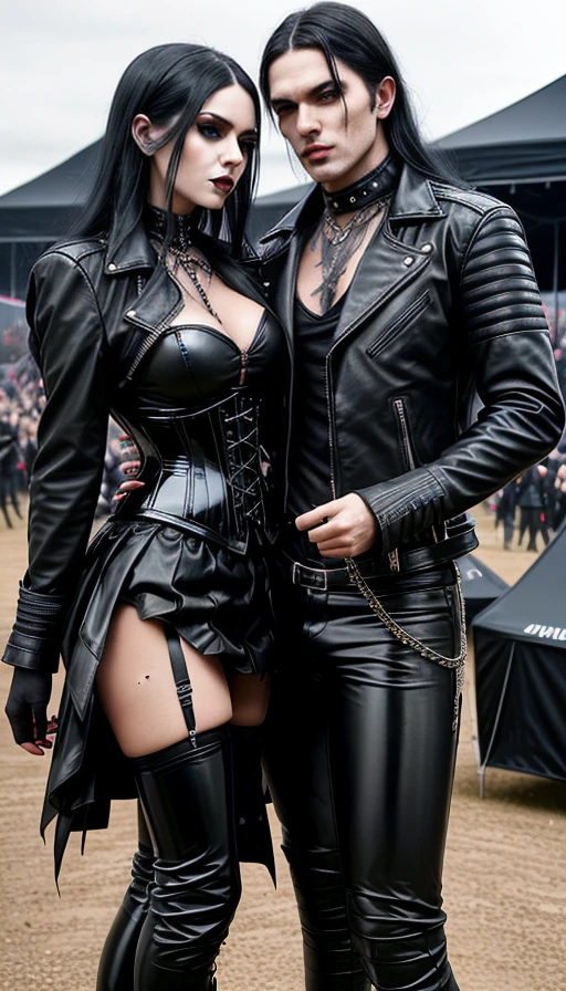 Dramatic gothic couple at Arvika Festivalen, with woman in black corset and skirt, man in studded leather jacket.