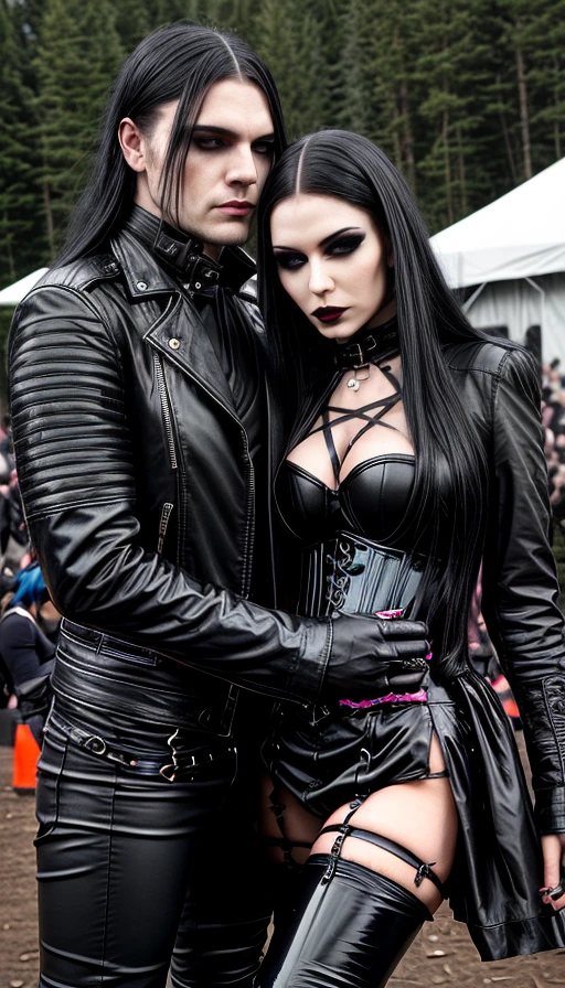 Gothic duo at Resurrection Fest 2023, donned in full leather attire, the woman with a corset and thigh-high boots, the man with long hair, both exuding a metalhead vibe.