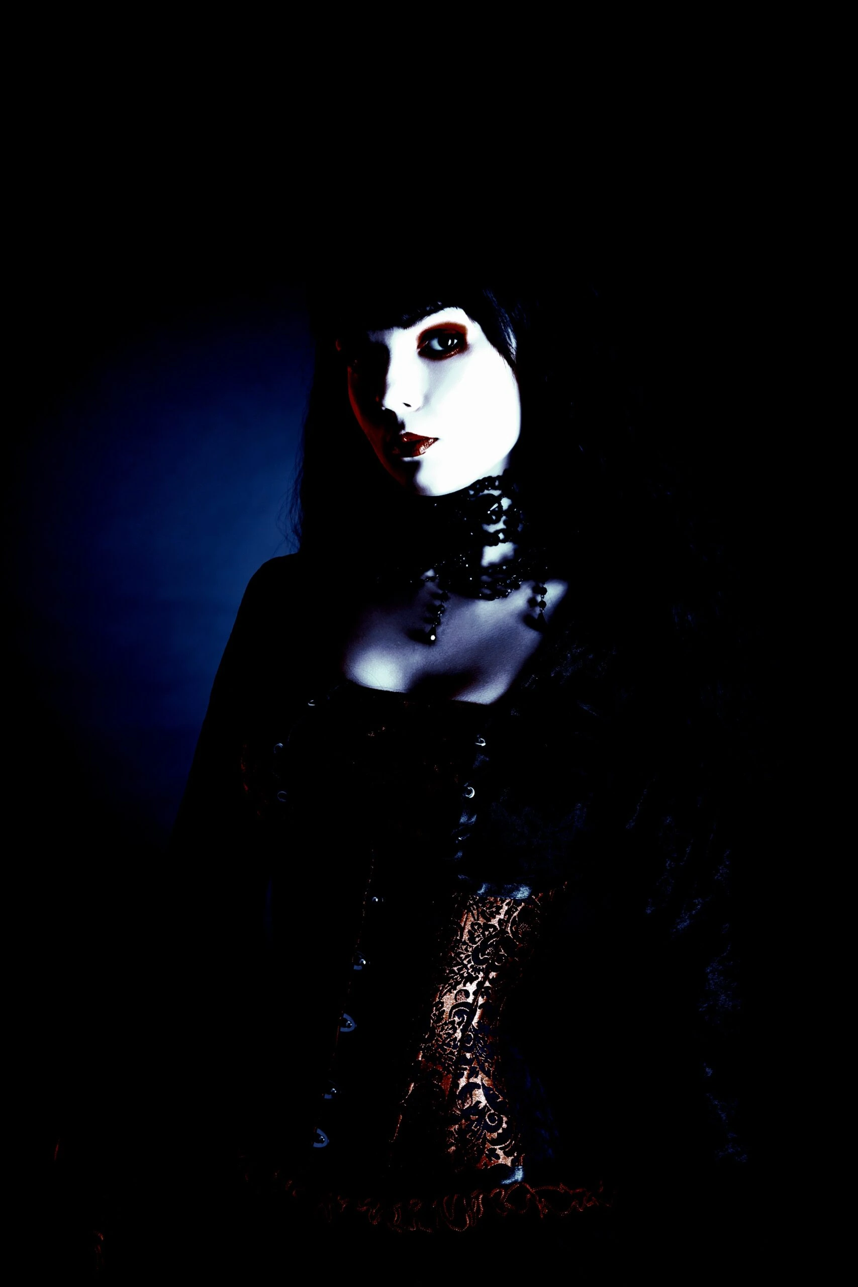 Moody gothic portrait of a woman in a corset with intricate embroidery, posed under blue lighting.