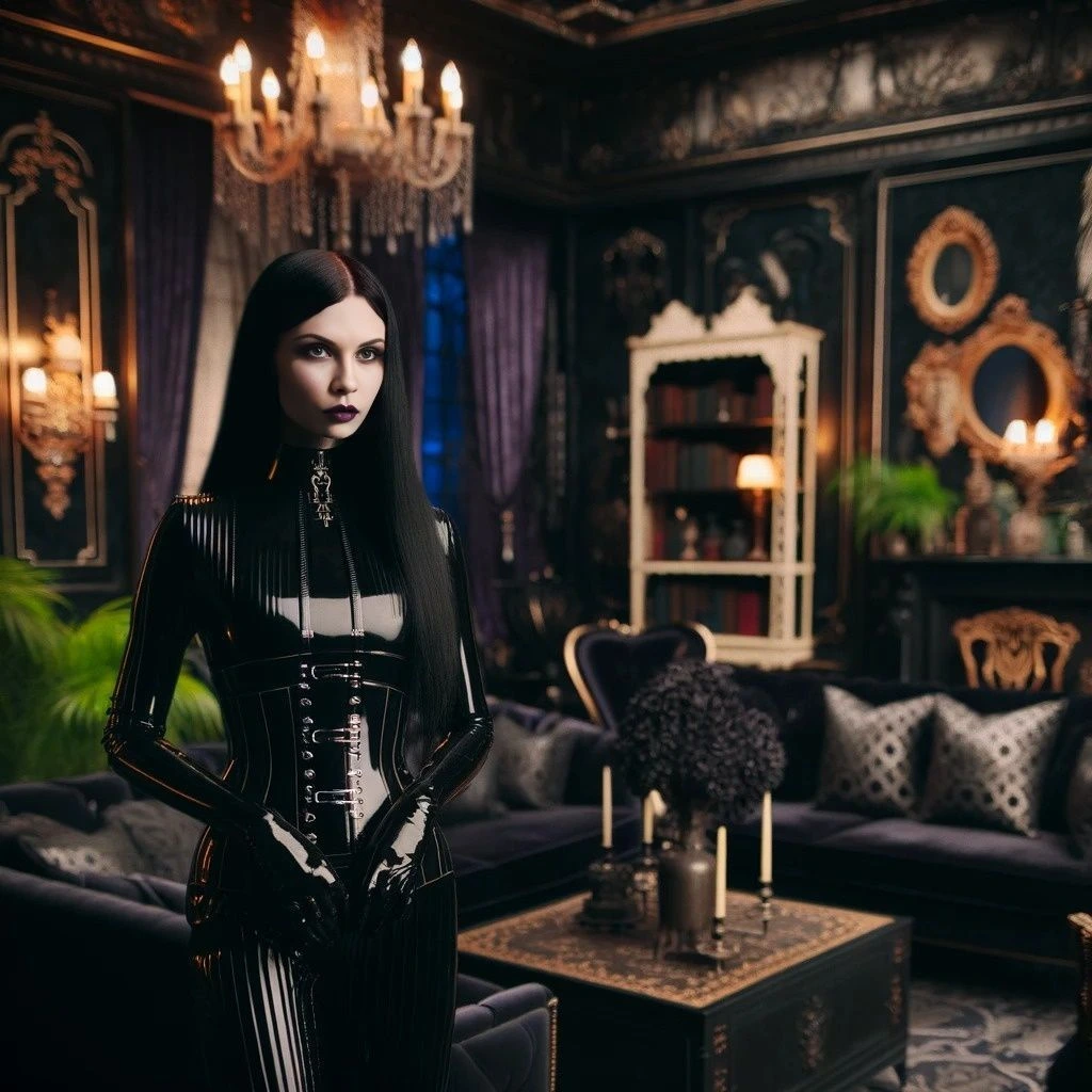 Gothic woman in a luxurious room with chandeliers, purple curtains, and vintage decor.