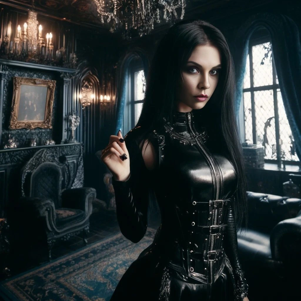 Gothic woman in a luxurious room with chandeliers and dark, opulent decor.