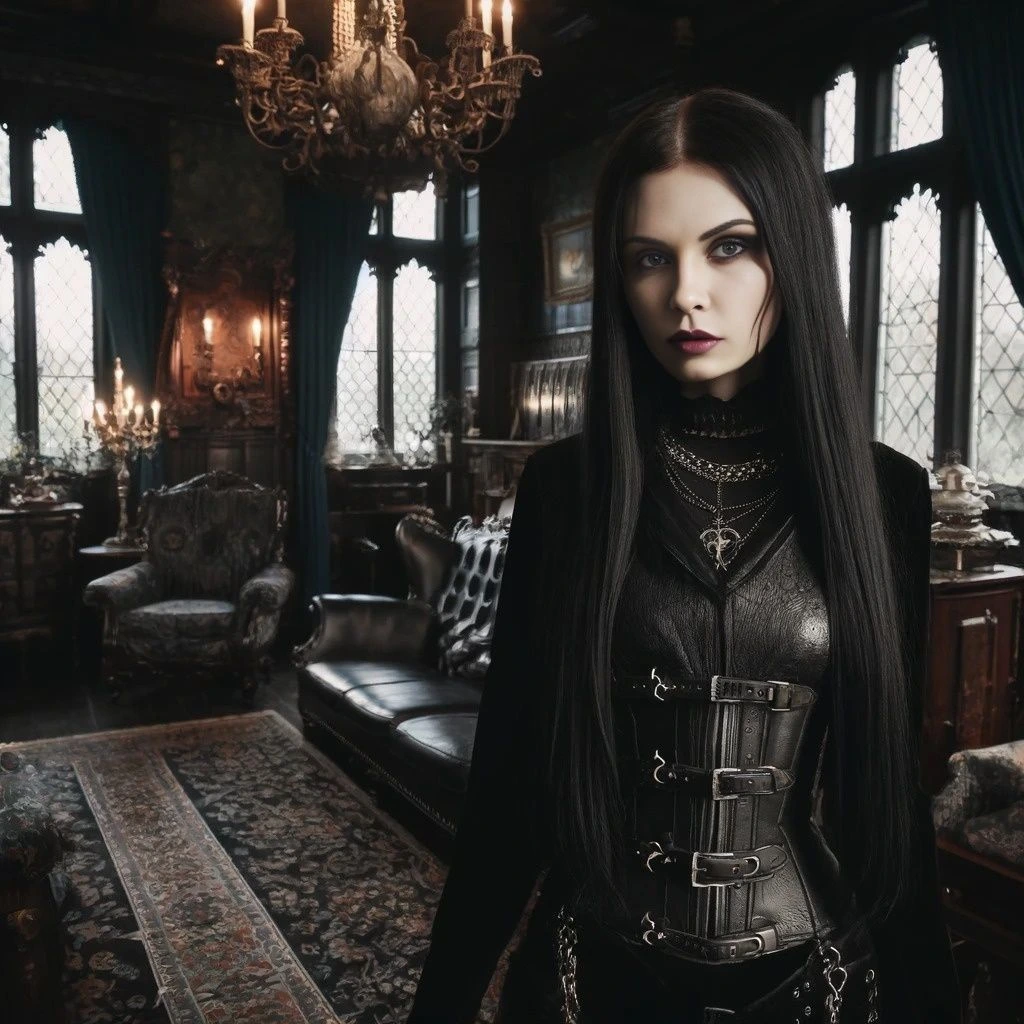 Gothic woman in a vintage room with chandeliers and blue curtains.