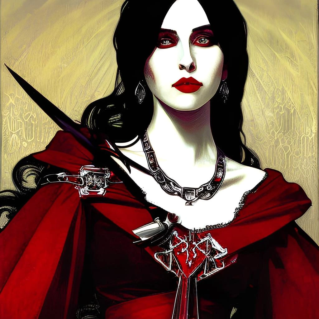 The Crimson Sorceress in elaborate red and black attire, embodying her magical strength.