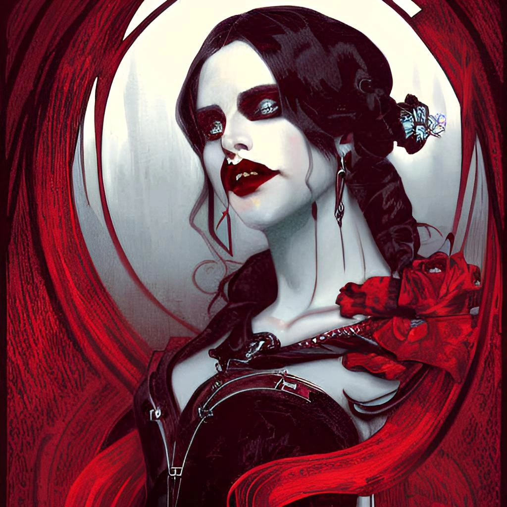 Close-up of the Crimson Sorceress, highlighting her fierce expression and dark magic.