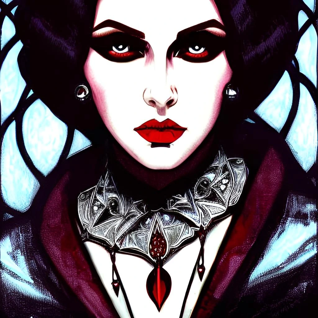 Crimson Sorceress with a gothic backdrop, showcasing her vampire-like allure and magical prowess.