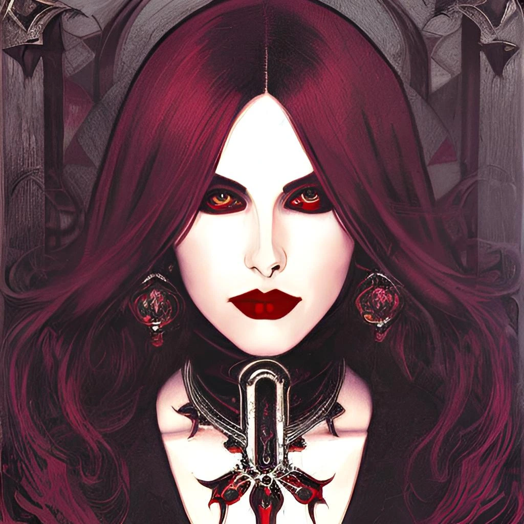 Portrait of the Crimson Sorceress with intricate jewelry and a powerful gaze, symbolizing her mastery of dark magic.