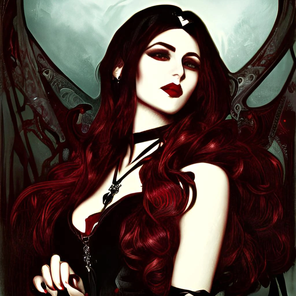 The Crimson Sorceress in her dark robes, exuding power and elegance in Nocturnia.