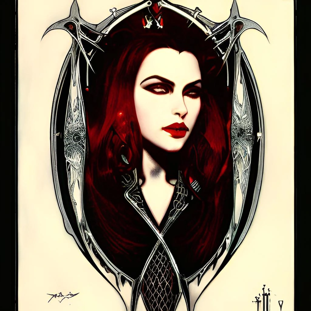 Crimson Sorceress with intense red eyes and intricate jewelry, symbolizing her dark power.