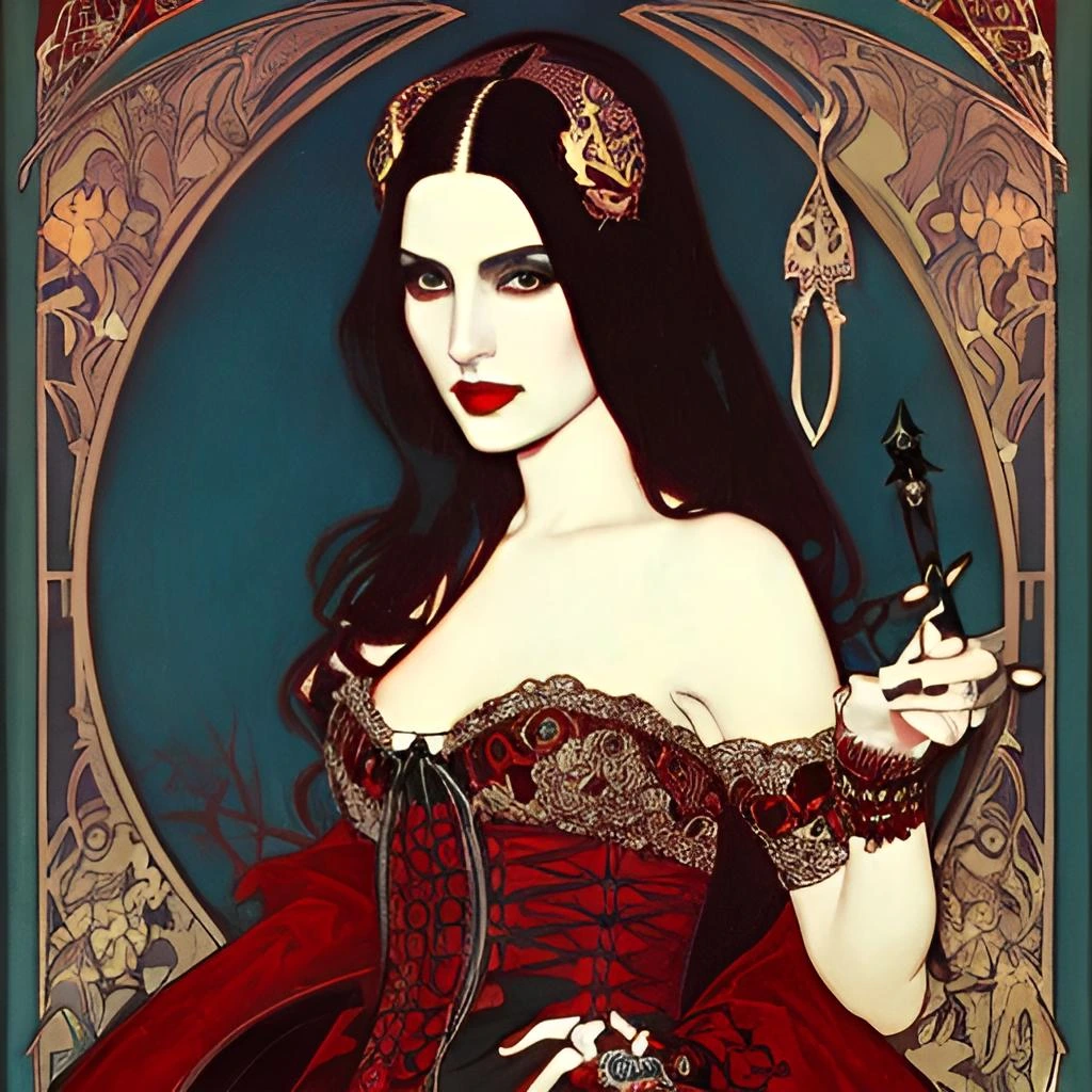 Portrait of the Crimson Sorceress with crimson and black adornments, representing her mystical authority.