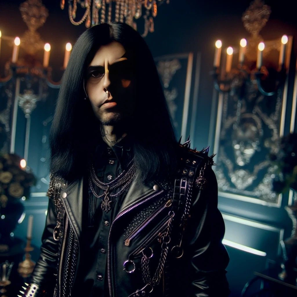 A goth man with long black hair, wearing a leather jacket with studs and chains, standing in a dimly lit room with chandeliers.