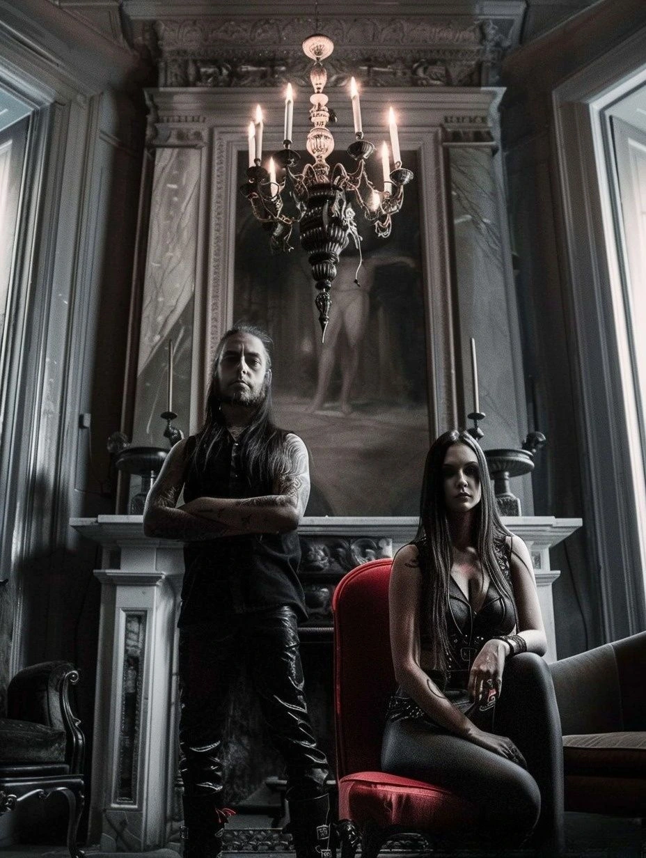 Gothic couple in a richly adorned room with a chandelier and dark ambiance.