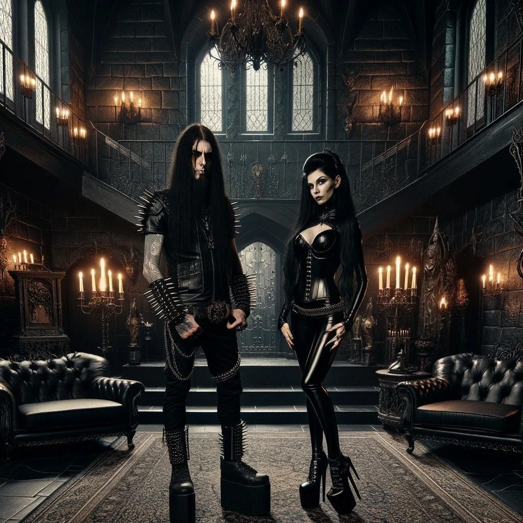 Gothic couple in an ancient room, their bond solidified in the dark world of "50 Shades of Black."