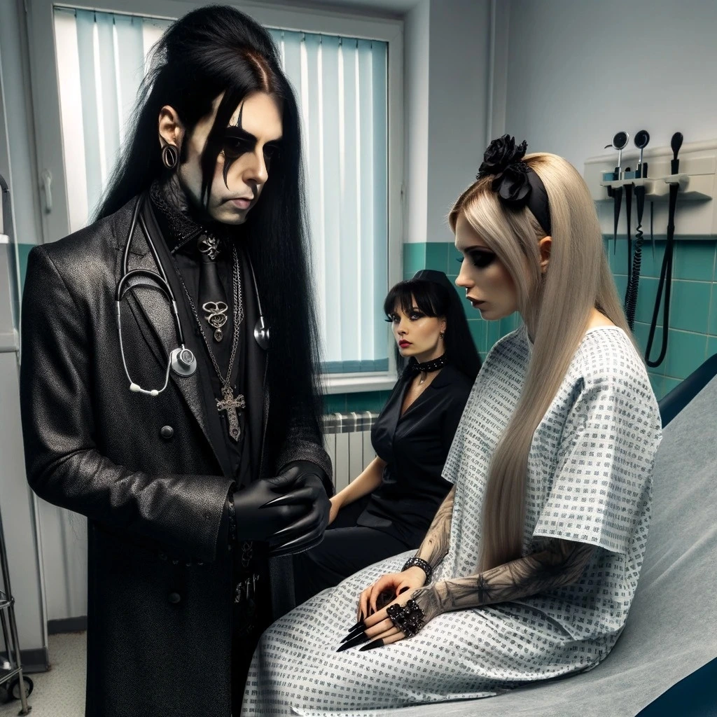 Evil gothic doctor with black face paint, standing beside a blonde woman in a grey medical gown, in a dark, candle-lit gothic medical room.