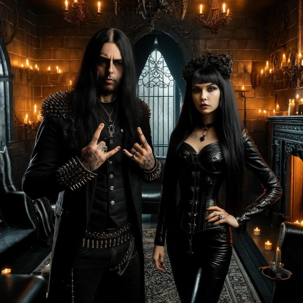 A gothic couple surrounded by candles and shadows, representing their shared darkness in "50 Shades of Black."