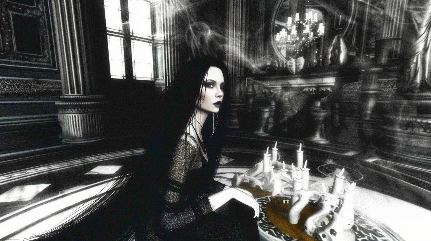Gothic woman in a dark, ornate room, playing chess with a mysterious and eerie atmosphere.