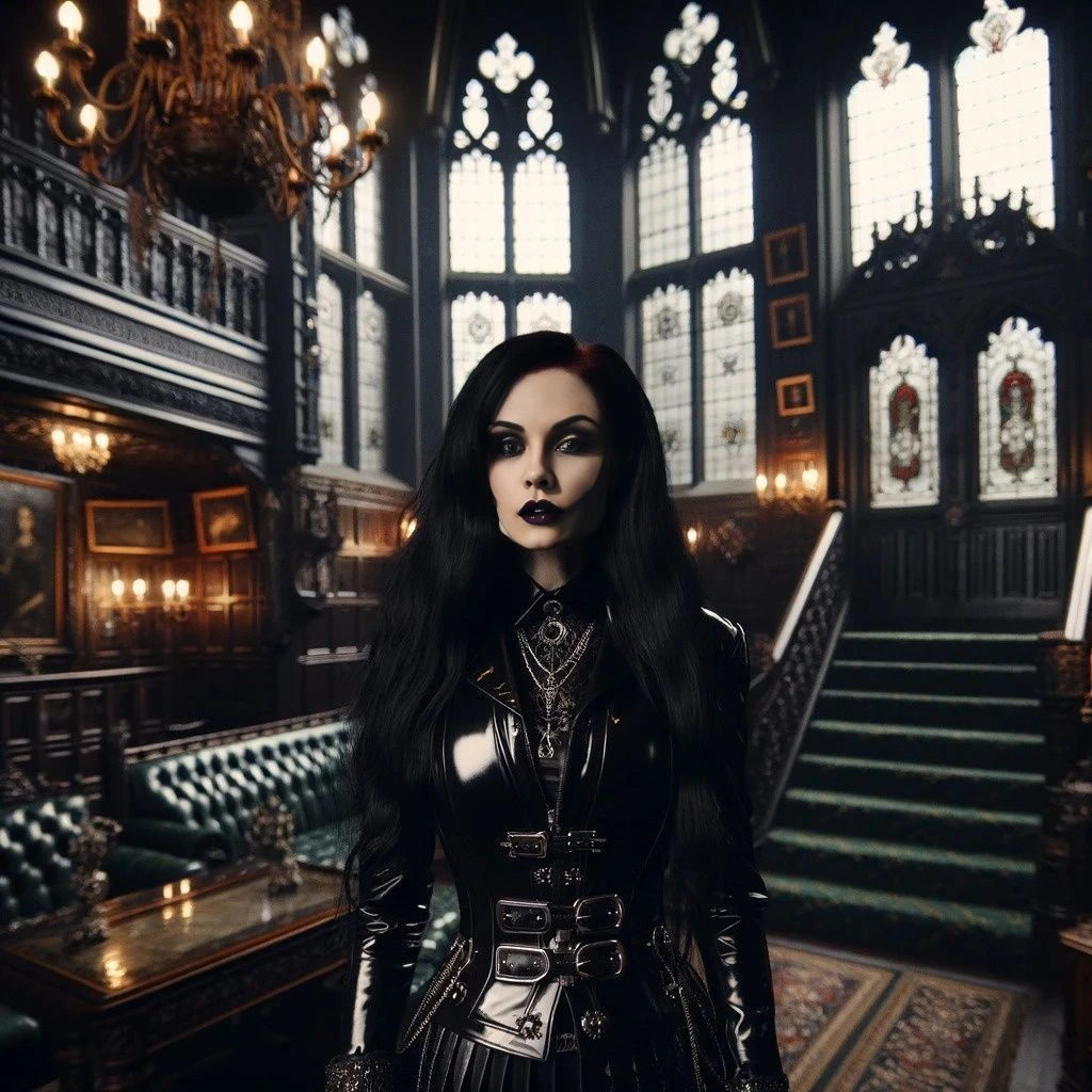 Gothic woman in a Victorian-style mansion with chandeliers and stained glass windows.