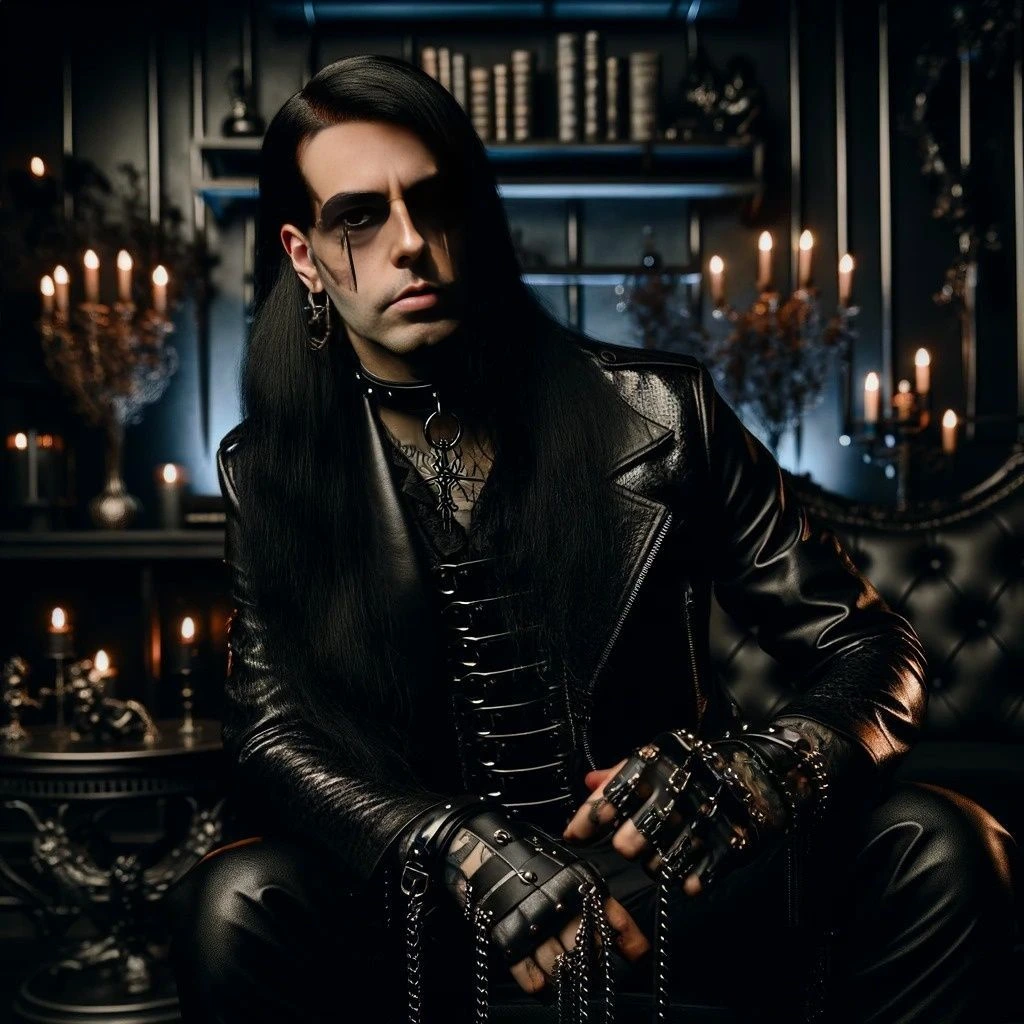 A goth man with long black hair, wearing a leather jacket and fingerless gloves, sitting in a dark room with candles in the background.