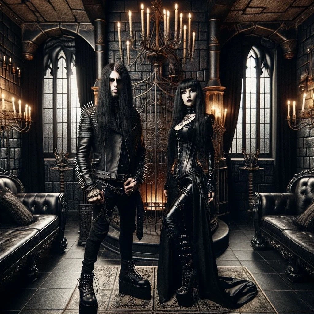 Gothic couple standing in a grand gothic room, their love intertwined with the darkness of "50 Shades of Black."
