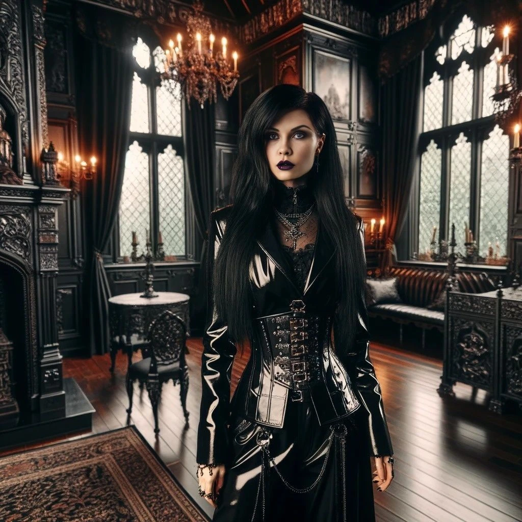 Gothic woman in a dark, ornate room with a grand chandelier and vintage furniture.