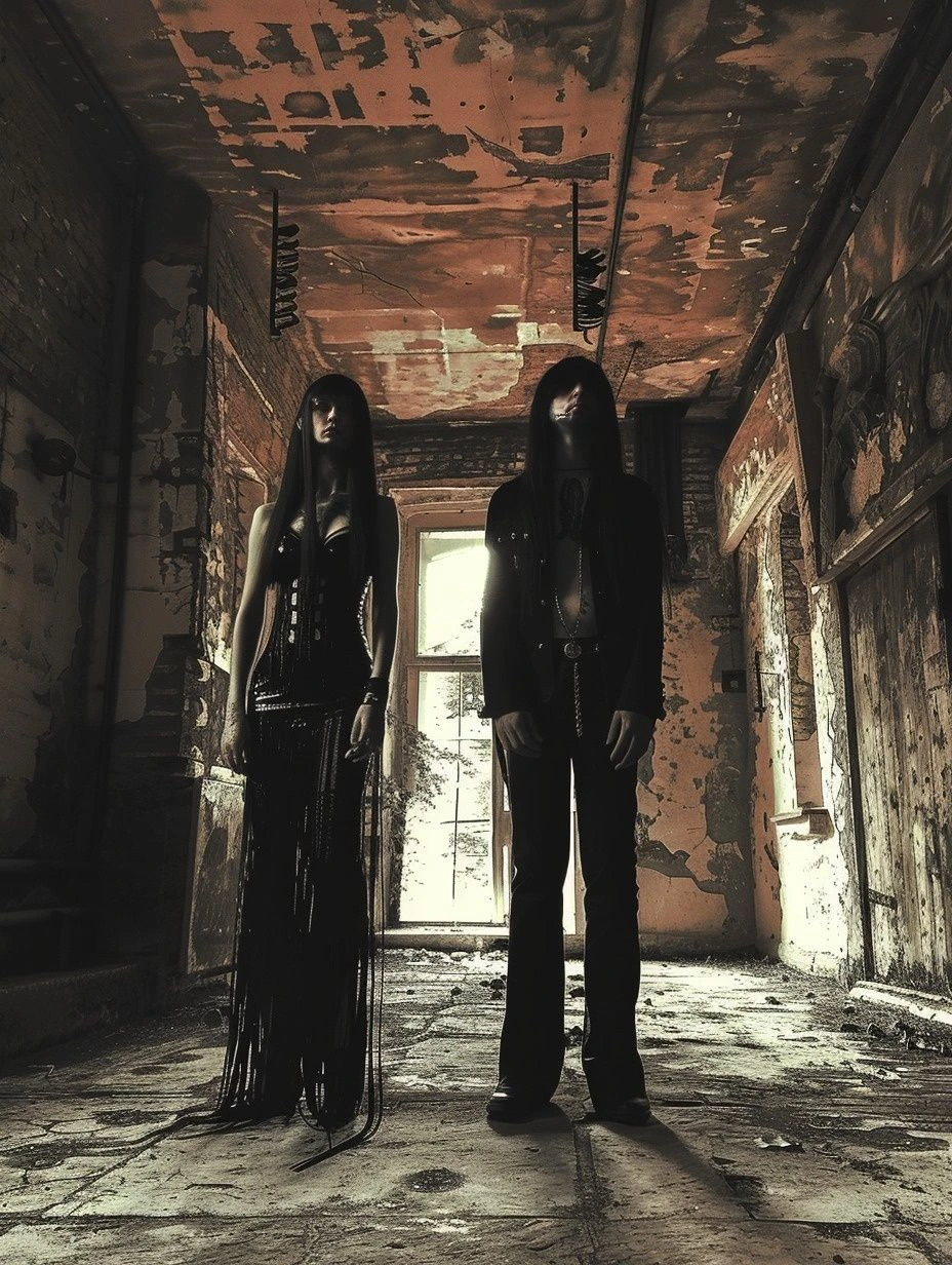 Gothic couple in an elaborate room with dark, elegant surroundings.