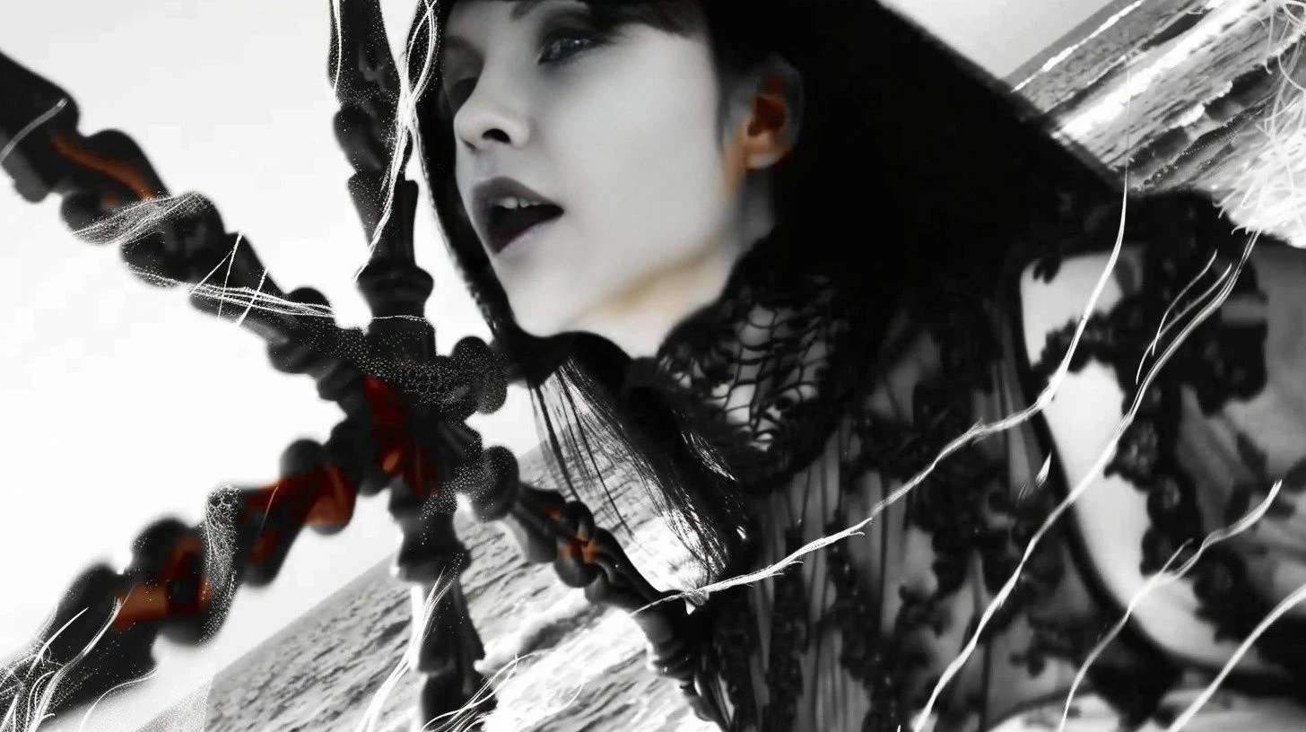 Gothic woman in a dramatic pose by the sea, with black and white effects and intricate details.