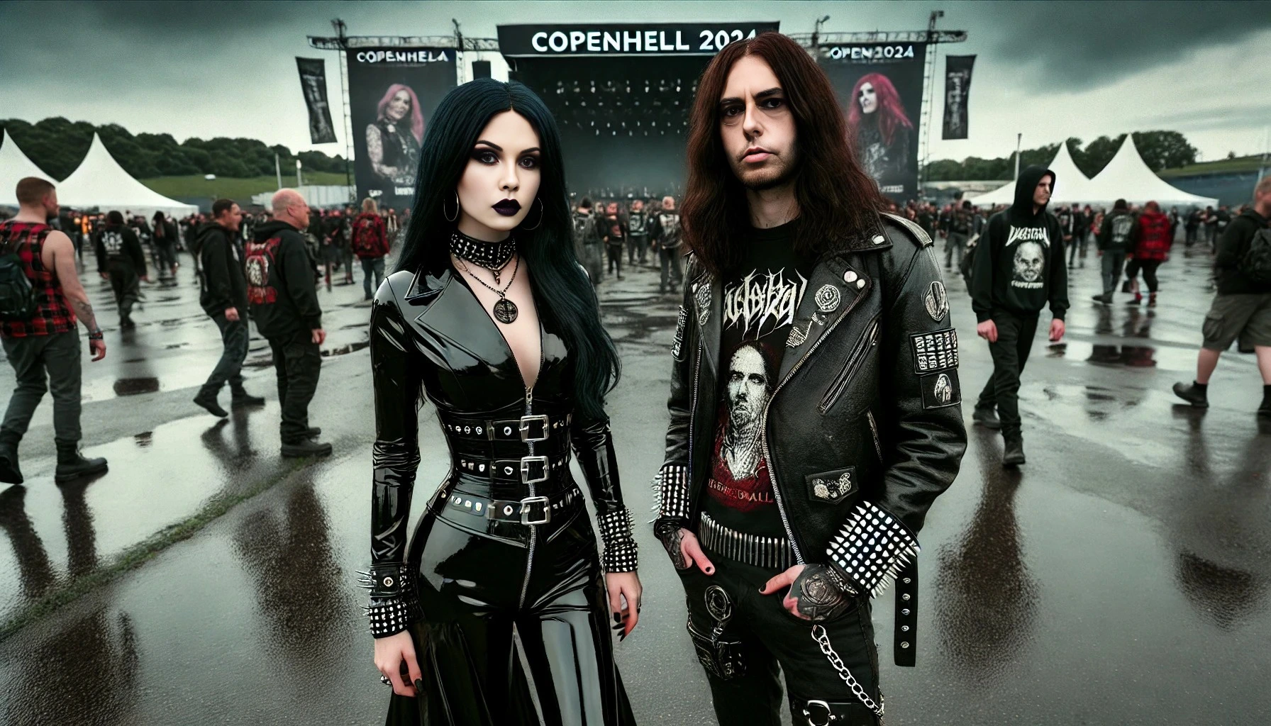 A gothic couple, with the woman in a black latex outfit and the man in a leather jacket, standing on a rainy festival ground at Copenhell 2024.